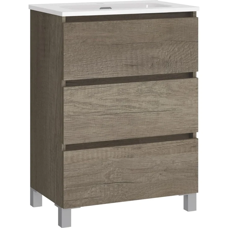 Baikal, Badezimmer-Set Natura mit reduziertem Boden, mit Keramikwaschbecken, Aufteilung mit DREI Schubladen, montiert, DREI Schubladen ohne Spiegel, Tiefe 39 cm, 60 cm Nebraska