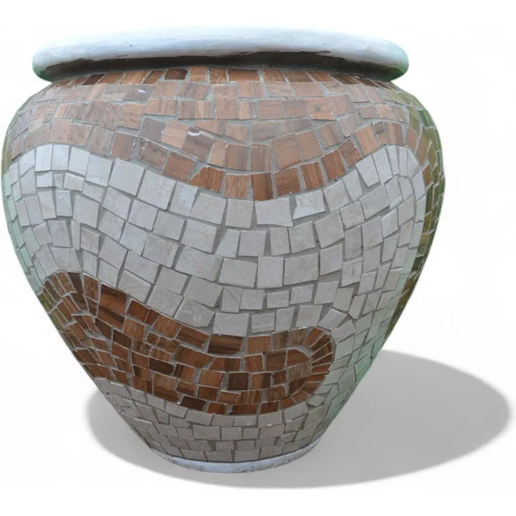 Pflanzgefäß "Mara" – Wellenförmiges Mosaikdesign Braun – Höhe 60 cm – Ø 50 cm – Handgefertigt aus Beton & Keramik-Mosaik