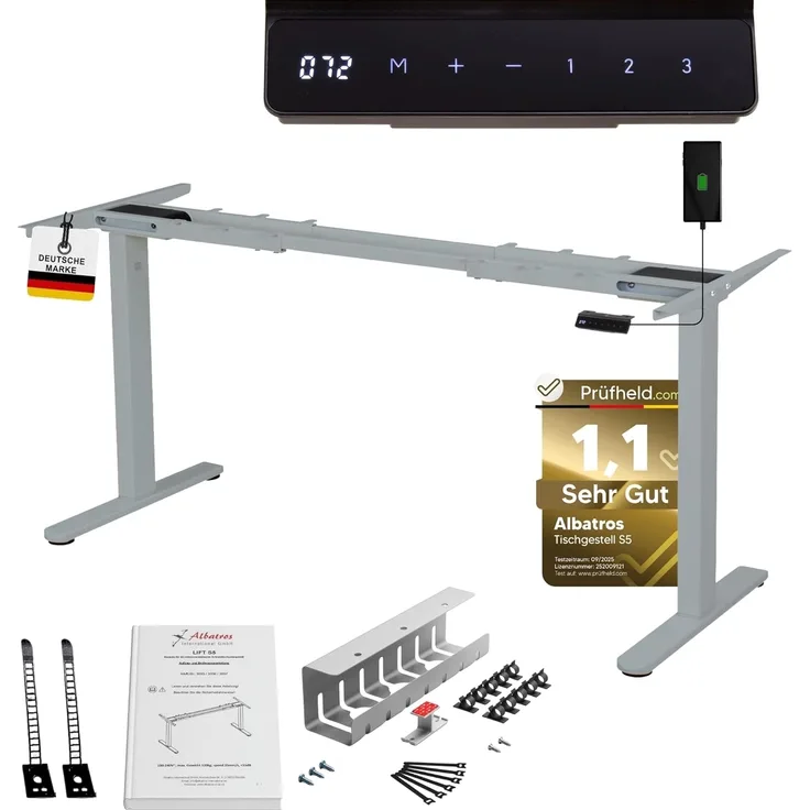 ALBATROS Schreibtisch-Gestell Lift S5S + Kabelkanal, Silber, 2X Motoren, elektrisch höhenverstellbar mit Memory-Funktion, Kollisionsschutz und Soft-Start/Stop