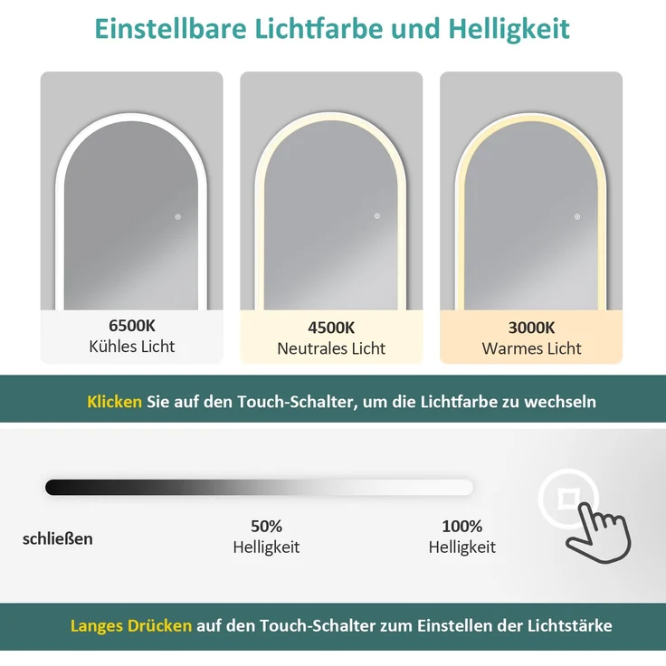 EMKE Bogen Standspiegel Ganzkörperspiegel mit LED Beleuchtung 3 Lichtfarbe Einstellbar Dimmbar, mit Rahmen aus Aluminiumlegierung Weiß 160x60cm – Bild 3
