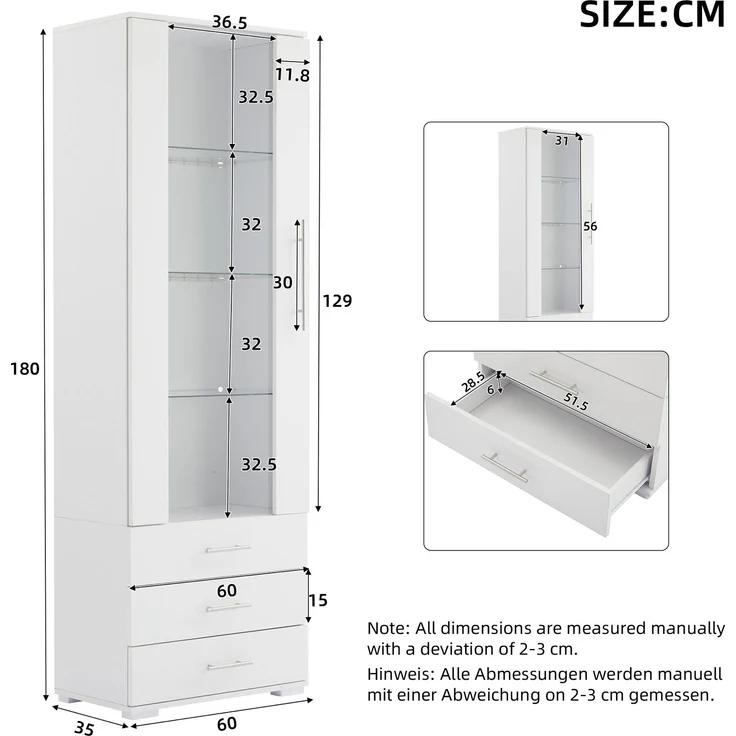 Weiße Hochglanzvitrine, Vitrine Glasvitrine , Standvitrine mit LED-Beleuchtung, Vertikale Vitrine mit 3 Schubladen, 60*35*180cm--Weiß--60x35x180cm--YOUDENOVA – Bild 7