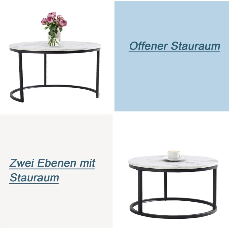 2er-Set runder Couchtisch aus MDF mit Metallrahmen & Nestfunktion, Ø80 cm + Ø60 cm, Schwarz – Bild 5