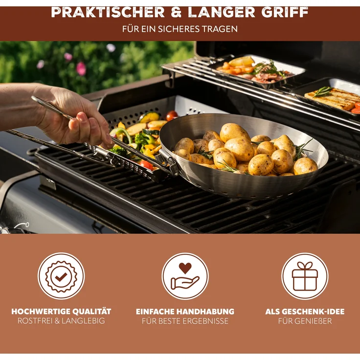 Grillpfanne rund // mit Klapp-Griff // Edelstahl ca. Ø 28 x 6,5 x 52 cm // Grillkorb Grillwok – Bild 5