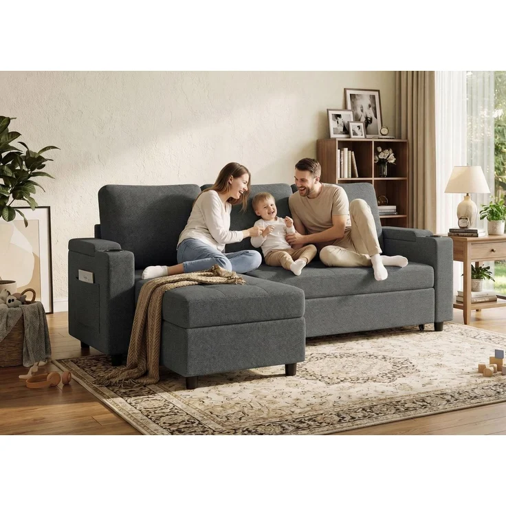 HOMALL Ecksofa Multifunktionales L-Form Schlafsofa, mit Stauraum, Gästebett-Funktion, wechselbarer Links-/Rechtsposition, Tassenhaltern & Seitentasche – Bild 3