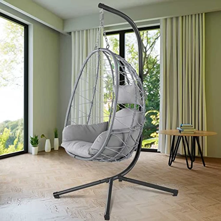 BAKAJI Hängesessel für den Garten, Schaukelstuhl, Hängematte für den Außenbereich, Gestell aus Metall, Nest aus Rattan und Seil + gepolstertes Sitzkissen und Kopfstütze, 198 x 110 x 95 cm (Grau) – Bild 7