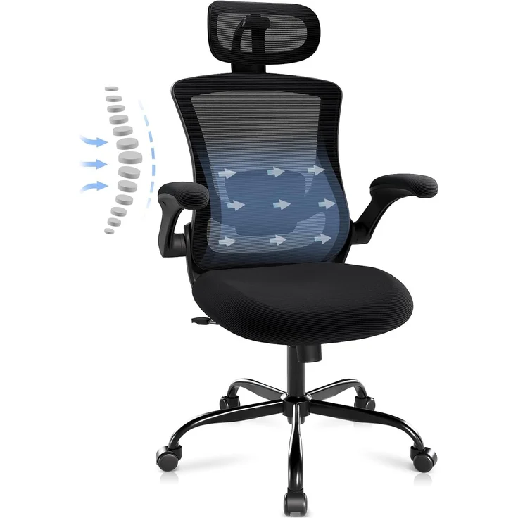 COLAMY Ergonomischer Mesh Bürostuhl mit Verstellbarer Kopfstütze und Lendenstütze, hochklappbare Armlehnen, 140° Wipp- und Rastenfunktion, Höhenverstellbarer Bürodrehstuhl, Ganz schwarz
