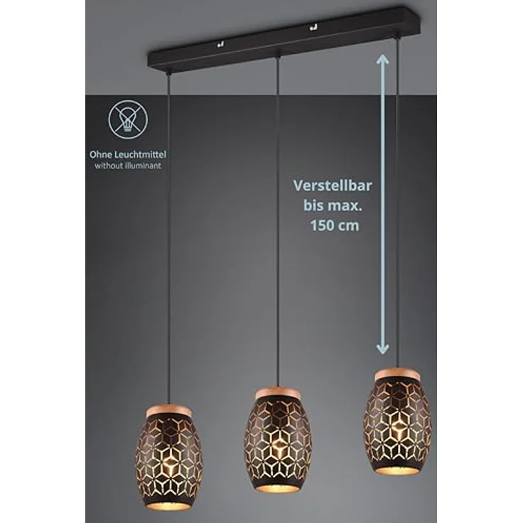 lightling Pendelleuchte Bill, 3-flammig, höhenverstellbar, mit Holzakzenten, schwarz-gold, 150 cm Höhe, 71 cm Breite, Deckenmontage – Bild 2