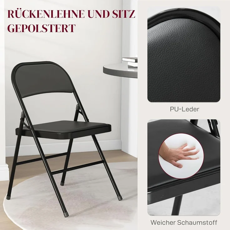 HOMCOM Klappstuhl gepolsterte klappbare Stühle, Indoor, mit Kissen (Gepolsterte klappbare Stühl, 1 St), für Büro, Rezeption, Wartezimmer, Party, Schwarz – Bild 4