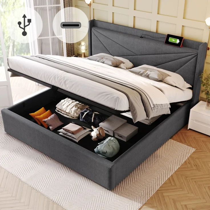 Polsterbett 160x200 cm mit Stauraum,Kopfteil mit USB & Typ-C Ladefunktion,Grau,inklusive Matratze – Bild 2