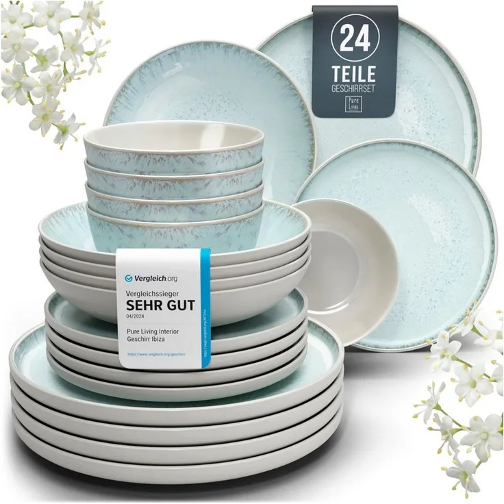PURE LIVING INTERIOR DESIGN Geschirr-Set Steingut Geschirrset 6 Personen Ibiza 24 tlg. TESTSIEGER, Traumhaftes (24-tlg), 6 Personen, Steingut, Mediterrane Handwerksoptik, Reaktive Glasur – jedes Stück einzigartig…
