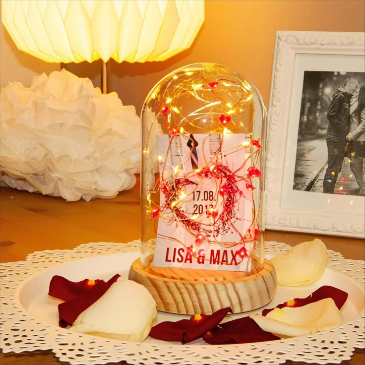 hellum Set Glasglocke inkl. Lichterkette mit LED Lichterkette Herzen, DIY Glasglocke Deko batteriebetrieben mit 20 Stk Herz Deko, Valentinstag Dekoration 151558
