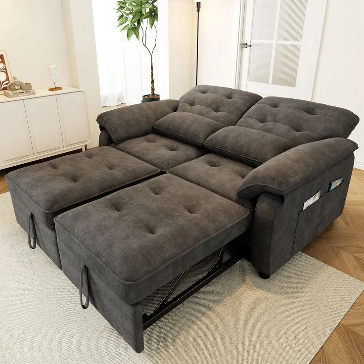 Merax 3-in-1 Doppelschlafsofa, faltbares Sofa mit verstellbarer Rückenlehne und Bettfunktion, umwandelbare Schlafcouch mit USB‑Ladeanschluss, Chenille‑Stoff, Grau – Bild 2