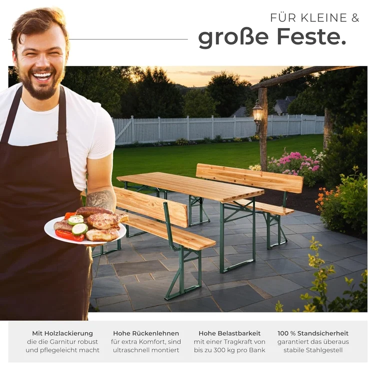 tectake® Bierzeltgarnitur mit Lehne, Biertisch Klapptisch mit 2X Sitzbank mit Lehne, Gartenmöbel Set, Camping Zubehör, Klapptisch Esstisch, Camping Tisch faltbar, Balkontisch, Campingtisch klappbar – Bild 4