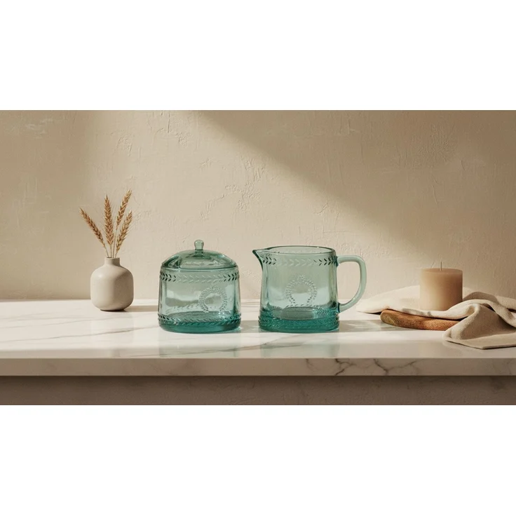 Konditorei-Set Glas ECILA LIGHT Zuckerdose & Milchkännchen Ø 9 x H 7,3 cm / 300 ml Helltürkis 2-teilig – Bild 4
