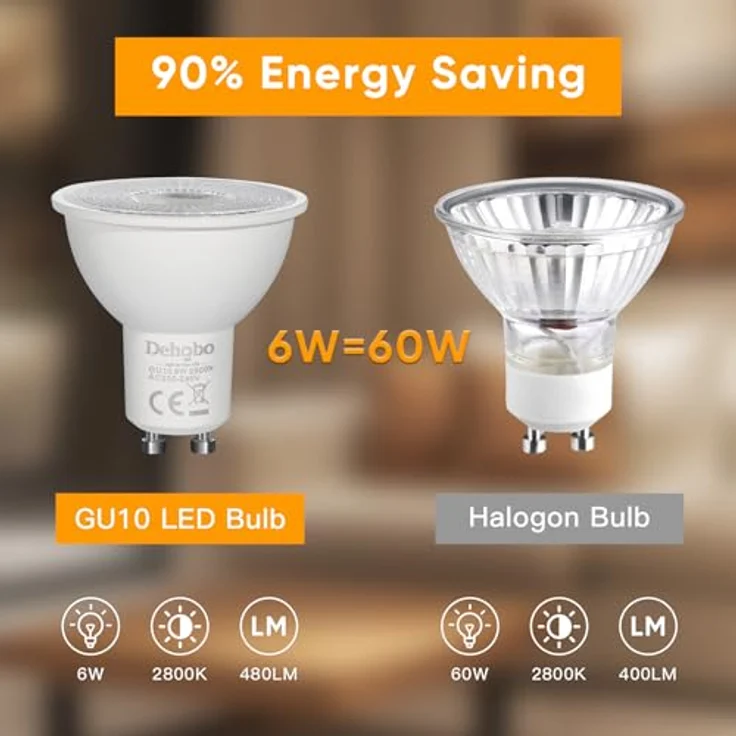 Dehobo GU10 LED Warmweiss Glühbirne, LED Lampen Licht Spot Warmweiss Lampe 6W 2800K 480 Lumen Ersetzt 60W Halogen Leuchtmittel, 120° Abstrahlwinkel Spotlight, Nicht Dimmbar Led, 6 Stück – Bild 3
