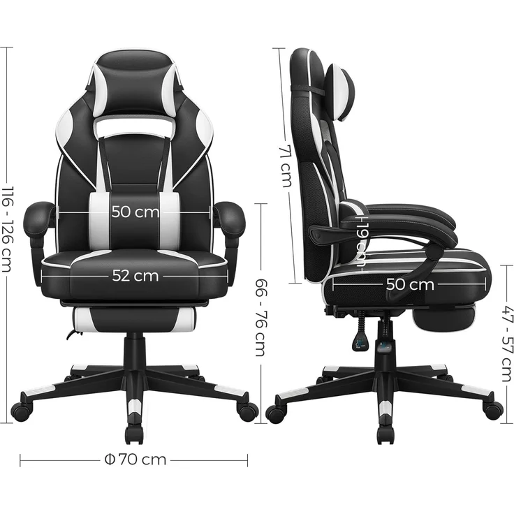 Songmics Bürostuhl, ausziehbare Fußstütze, Kopfkissen, Lendenkissen, höhenverstellbar, ergonomisch, neigbare Rückenlehne, bis 150 kg belastbar, tintenschwarz-wolkenweiß – Bild 3