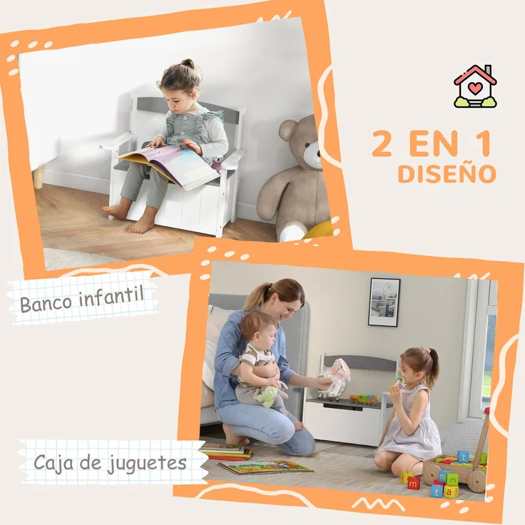 JARDJ Kinder-Aufbewahrungsbank mit Rückenlehne und Soft-Close-Deckel, Tragkraft 30 kg, für Spielzimmer, 68,5 x 34 x 58 cm, Grau und Weiß – Bild 6