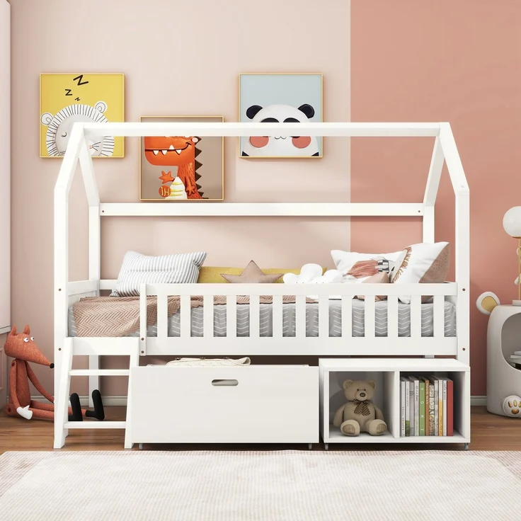 Merax Hausbett Kinderbett Jugendbett 200x90 Mit Schubladen und Ablagefächern Geeignet für Jungen und Mädchen Mit Anti-Drop-Geländer, Weiß – Bild 3