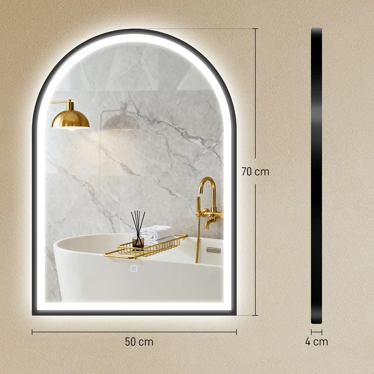 Badezimmerspiegel mit Beleuchtung 50 x 70 cm, gewölbter LED-Spiegel, beschlagfrei, 3 Lichtfarben, dimmbar, Speicherfunktion, schwarz – Bild 5