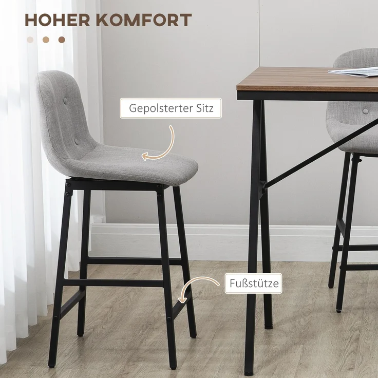 Bartisch mit Barhockern im Industrie-Design, Knopfheftung, 120 cm x 60 cm x 91 cm, Hellgrau--Hellgrau--91x60x120cm--YOUDENOVA – Bild 7