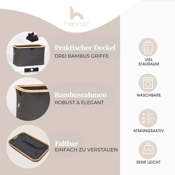 HENNEZ Wäschekorb Faltbarer Wäschekorb Grau 60L aus Bambus, Klappbarer Flach, Tragbar Wäschesammler – Bild 2