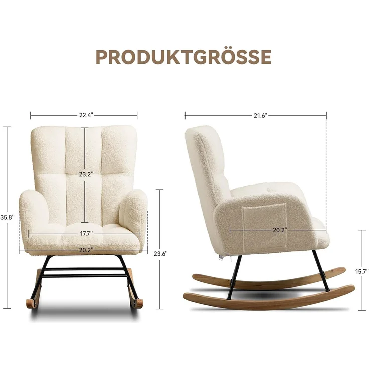 COMHOMA Schaukelstuhl, Relaxsessel mit Armlehnen, Ohrensessel aus Teddy-Plüsch Schaukelsessel, bis 150 kg belastbar, sonnenliege gartenliege für Schlafzimmer, Wohnzimmer Beige – Bild 3
