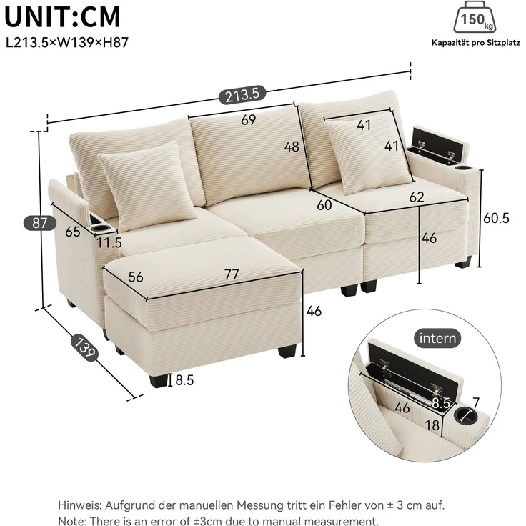 DESVIAE Sofa mit beweglichem Hocker und USB-Anschluss 213,5x87x139 cm Cord Beige – Bild 10