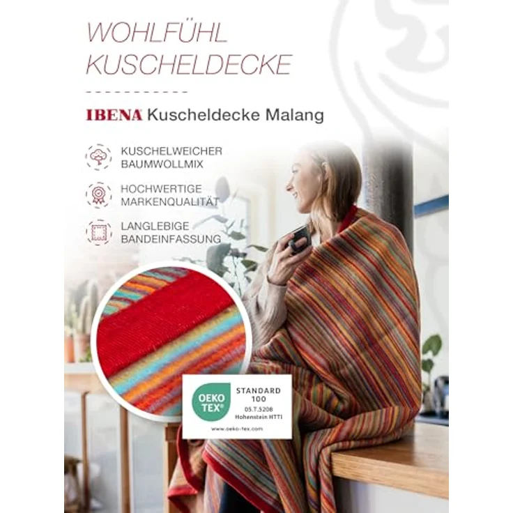 Ibena Malang Wolldecke 150x200 cm - Baumwollmix weich, warm & waschbar, Kuscheldecke Streifen bunt – Bild 3