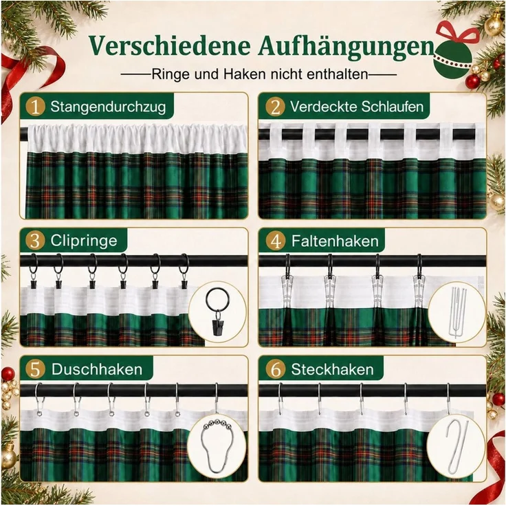 SERBASIC Gardine Schottisch karierter Weihnachtsvorhang, 2er-Set, Leichte (2 St), Multifunktionsband, halbtransparent, Dekoschal für Wohnzimmer Schlafzimmer, 50–60 % Lichtfilterung – Bild 3