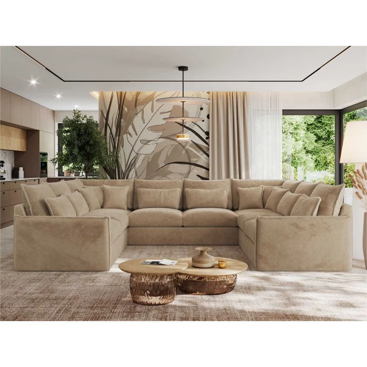 Modulares U-förmiges Wohnzimmer-Ecksofa, XXL Ecksofa mit Armlehnen, Wohnlandschaft, Universal-Ecksofa mit lockeren Kissen - VERSO U 8M - Beige Plüschstoff – Bild 4