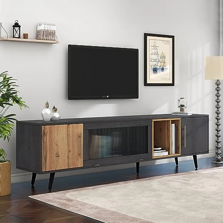 FurnitureR Elegant TV Cabinet,2 Türen + Aufbewahrung,200 x 40 x 55.5 cm,Dark Wood,Gray and Wood Grain,Suitable for 90-inch TV – Bild 1