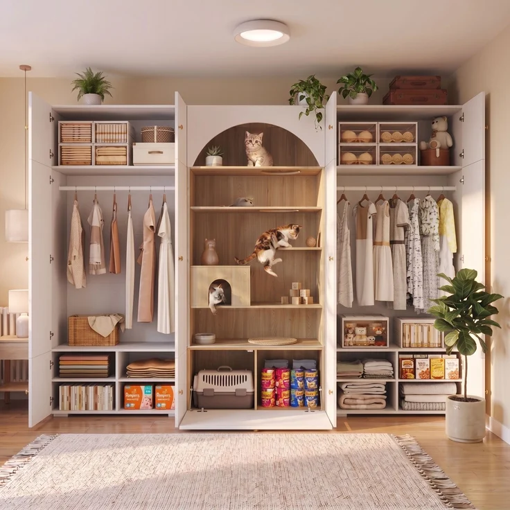 Wohnora-Kleiderschrank, Garderoben-Set Garderobe, Haustierschrank, 270 x 50 x 200 cm, mit 1 Kleiderstange, Katzenkletterwand und Haustierkissen, für Schlafzimmer, Wohnzimmer und Flur, Weiß+Holzoptik,H 200cm x T 270cm x B 50cm – Bild 3