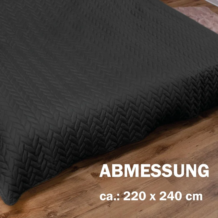 Tagesdecke XXL (220x240 cm) mit wattierter Zwischenlage (Schwarz) Bettüberwurf - ÖKO-Tex 100, Sommerdecke gesteppt - Steppdecke, Wendedecke – Bild 2