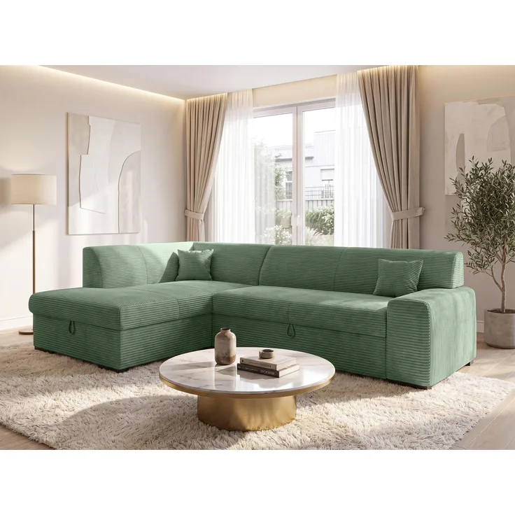 AX LIVING Eckschlafcouch mit Bettkasten Lucera 260 cm Salbeigrün L