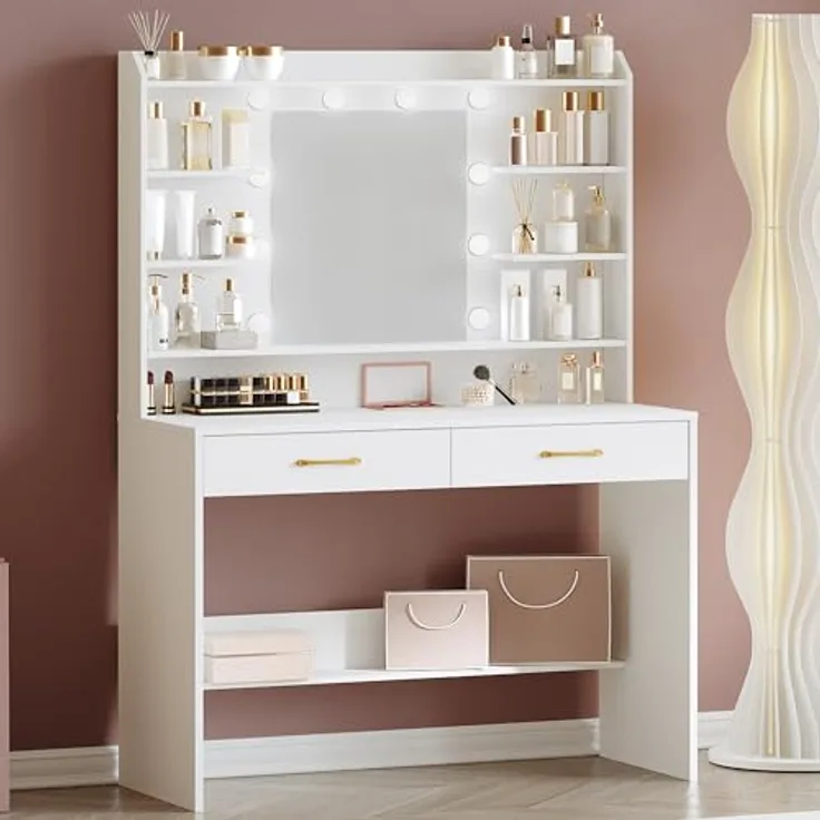 Schminktisch mit Spiegel, Schminktisch mit Ablageflächen und 2 Schubladen, für Schlafzimmer, Wohnzimmer, Verstellbare Helligkeit, Weiß