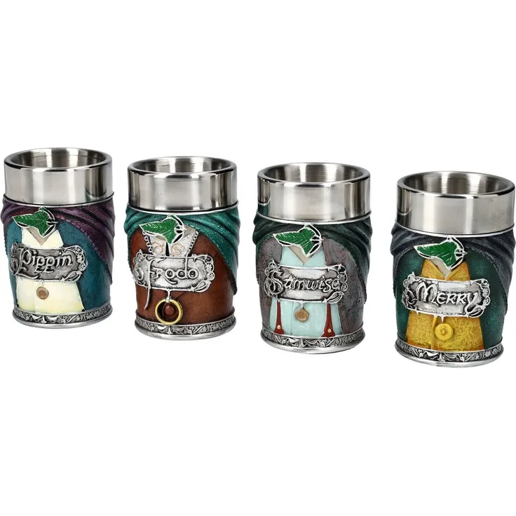 Figuren Shop GmbH Becher Schnapsbecher Herr der Ringe - 4 Hobbits Set - Becher Film Merchandise, Kunststein (Polyresin), Edelstahl