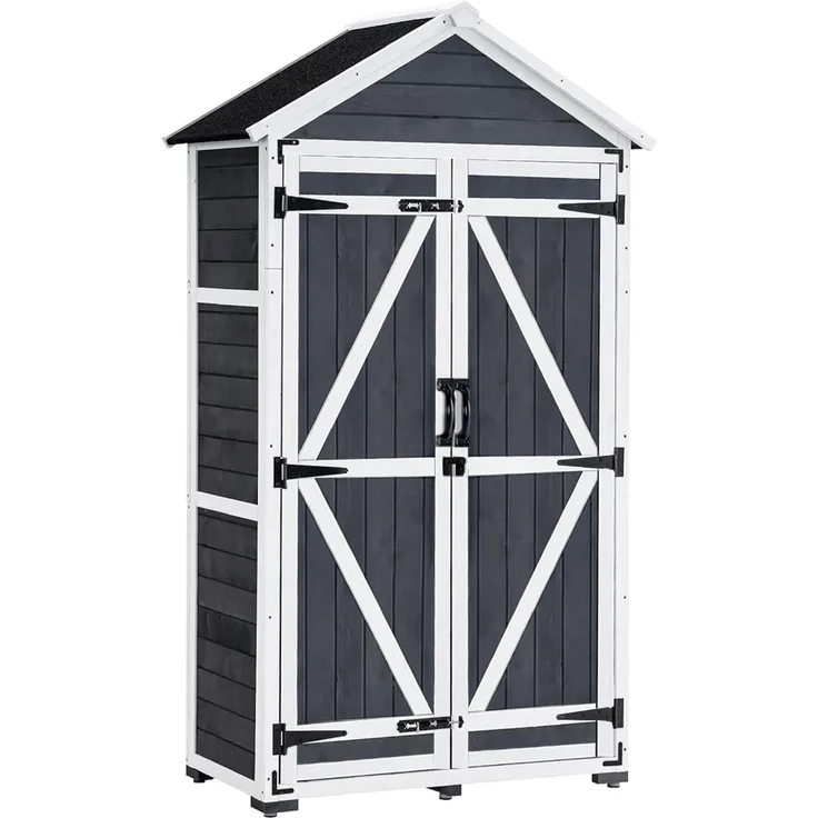 MCombo Gartenschrank Geräteschuppen Werkzeugschrank, Outdoor-Schrank Gartenbox, mit Satteldach, aus Holz Grau, 48 X 90 X 178 cm