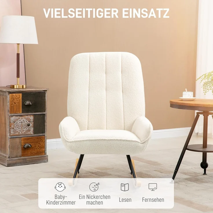 HOMCOM Schaukelstuhl mit Sherpa-Vlies Relaxstuhl, Wohnzimmersessel (Schaukelsessel, 1 St), für Wohnzimmer, Schlafzimmer, Sherpa Vlies, Cremeweiß – Bild 6