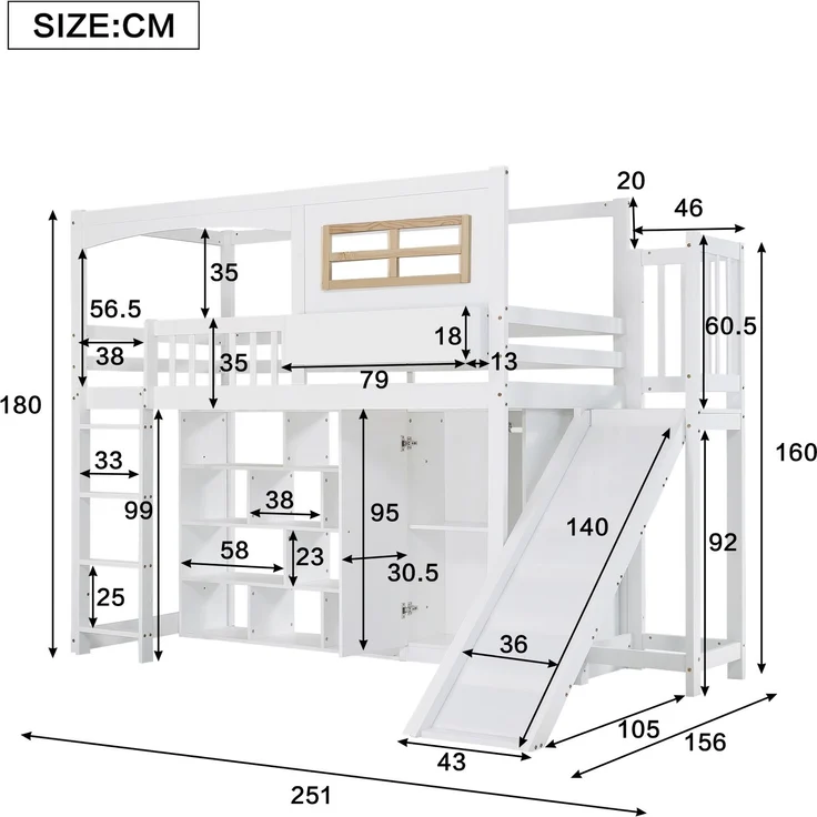 Etagenbett 90 × 200 cm (Liegefläche) – Etagenbett mit Rutsche, Kleiderschrank & Regal, vierseitiger Fallschutz, Weiß/Natur – Bild 8