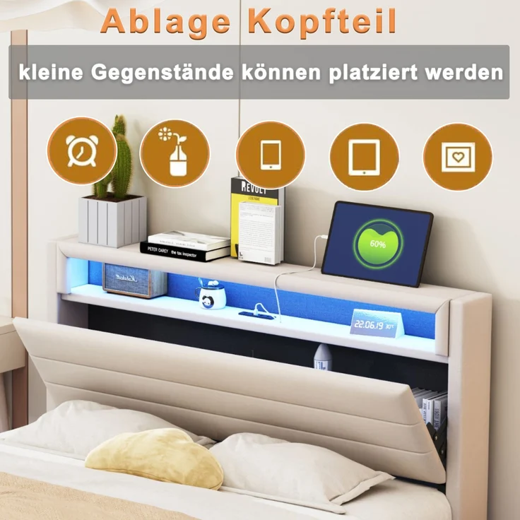 Polsterbett 160x200 cm mit USB-Steckdose und LED-Licht, wendbares Kopfteil, verdecktes Fußteil, Doppelflachbett, Jugendbett, Erwachsenenbett, Leinenstoff Beige – Bild 6