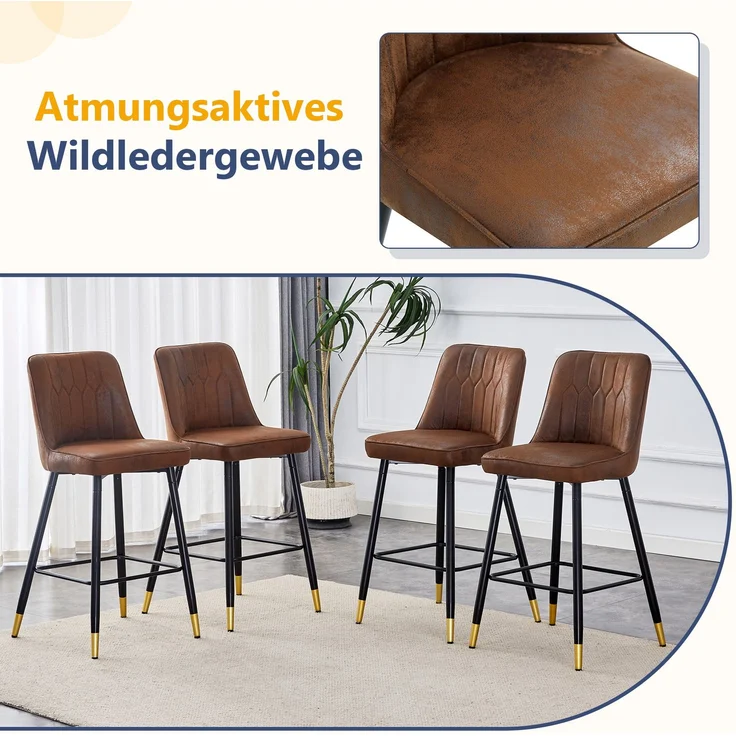 2er-Set Barhocker, 100 cm hoch, brauner Tech-Stoff mit schwarzem Metallgestell und bequemer Fußraste, In mehreren Farben erhältlich – die ideale Wahl für Ihre Hausbar.--Braun + Schwarz--42x45x100cm--YOUDENOVA – Bild 5
