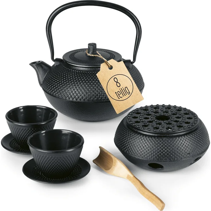 Lumaland Tee Set 8-teilig - 1,4 Liter Gusseiserne Teekanne Tetsubin - Stövchen aus Gusseisen - 2 Teebecher & 2 Untersetzer - Schwarz