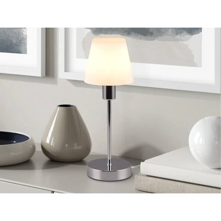 LED Touch Tischleuchte mit Glasschirm Weiß & Fuß in Chrom, Höhe 32cm