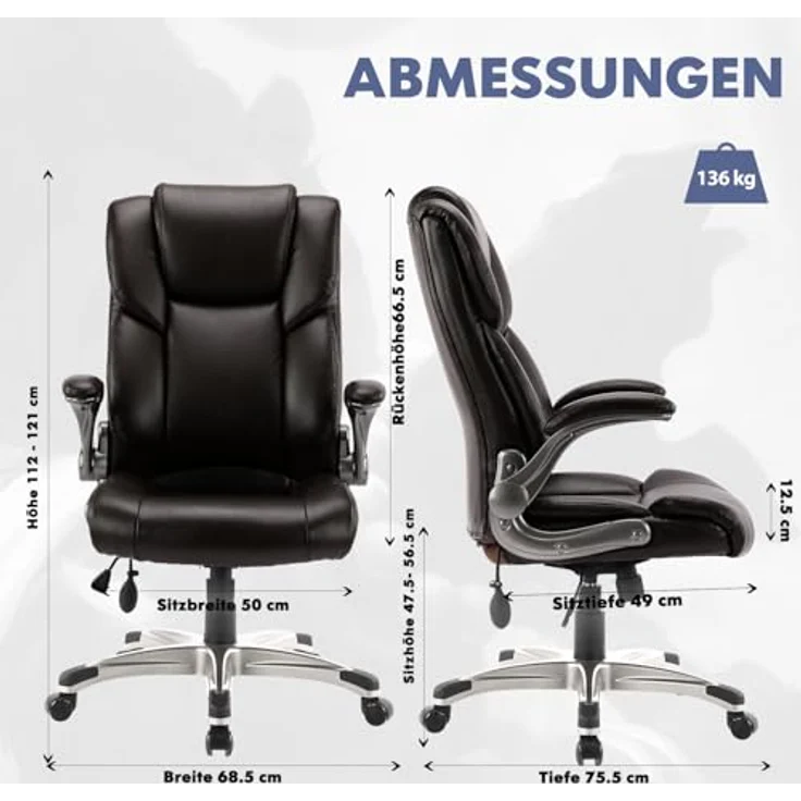 COLAMY Bürostuhl Ergonomisch, Chefsessel mit Hoher Rückenlehne, Schreibtischstuhl Lederstuhl mit Gepolsterten Klapparmlehnen, Verstellbarer Neigungsverschluss, Drehstuhl für Erwachsene, Braun – Bild 3