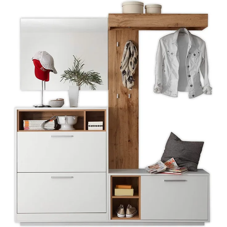 Kompaktgarderobe MILANO weiß Wildeiche mit Spiegel 4-tlg