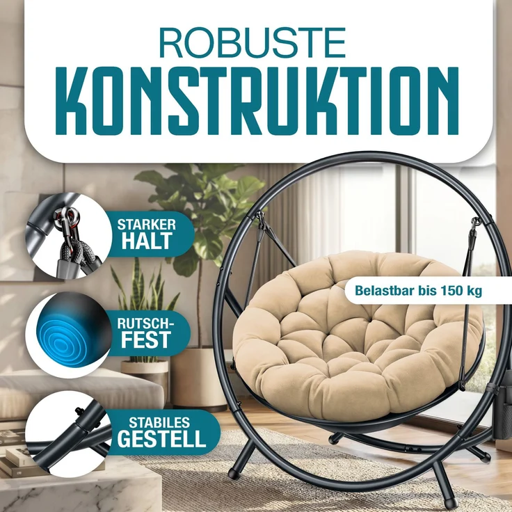 KESSER® Hängesessel mit Gestell BALI Hängeschaukel Hängestuhl bis 150kg für Indoor und Outdoor + Kissen & Seitentasche Hängekorb Stahlgestell & Schaumstoff Sitzpolster ideal für Wohnzimmer & Garten Beige – Bild 5