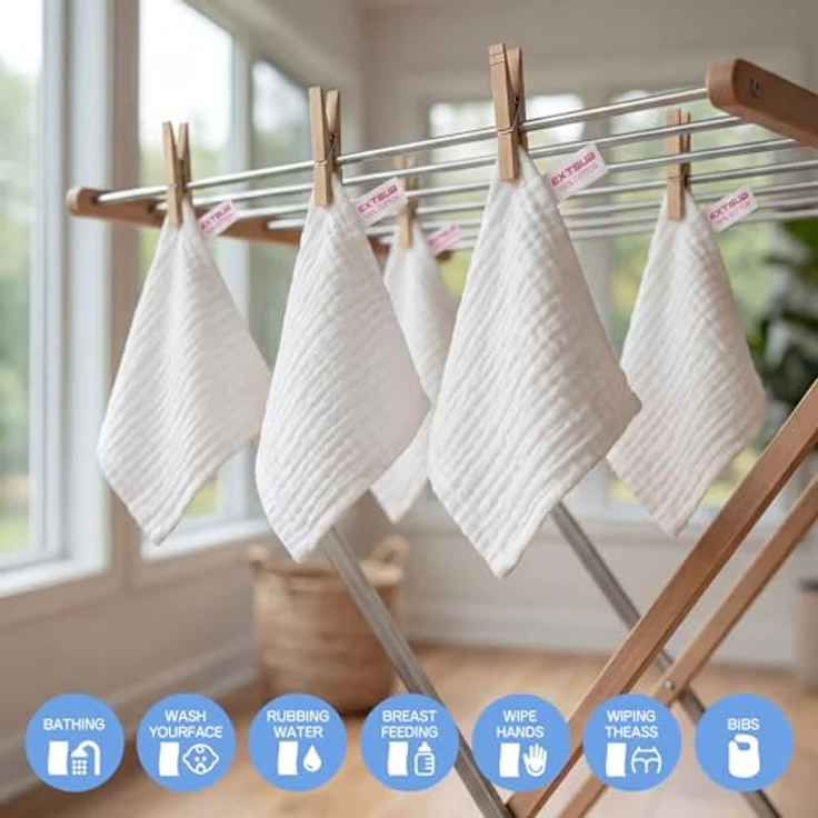 EXTSUD Baby Waschlappen, 10er Musselin Spucktücher Baby 25x25cm Mulltücher Baumwolle Moltontücher Handtücher Weiche Gesichtstücher Neugeborene Baby Wipes(Weiß) – Bild 7