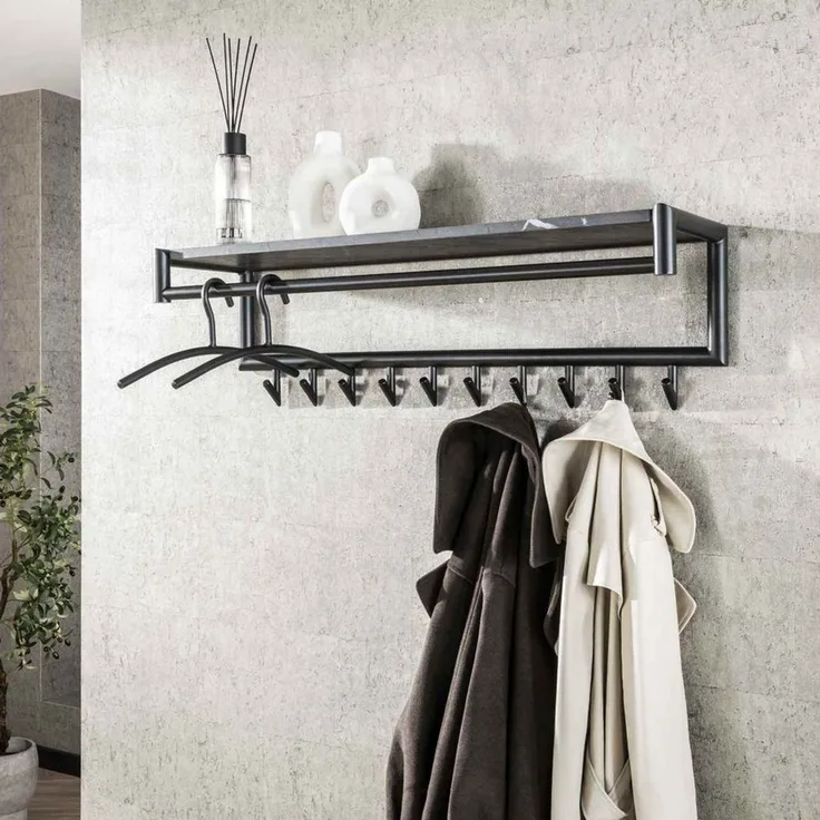 Garderobe Melamik aus Metall und Melamin, modern mit Keramik-Optik, Grau, mit Hutablage und 10 Haken