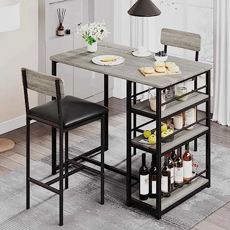 GarveeHome Bartisch Mit Barhocker Set, 2 Personen Bartisch Set Mit 3-Stufigen Ablageflächen, Platzsparende Essgruppe, Stehtisch Mit 2 Gepolsterten Stühlen Für Küche, Wohnung, Bistro, Grau