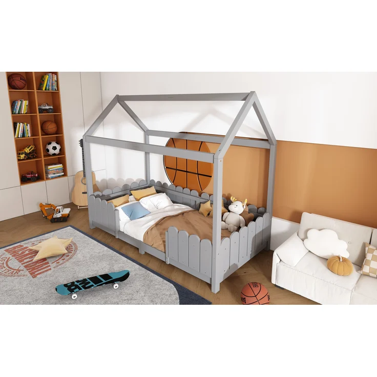 Bett 90x200 cm im Haus-Design mit Dach und Rausfallschutz – Kiefernholz, grau – Bild 2